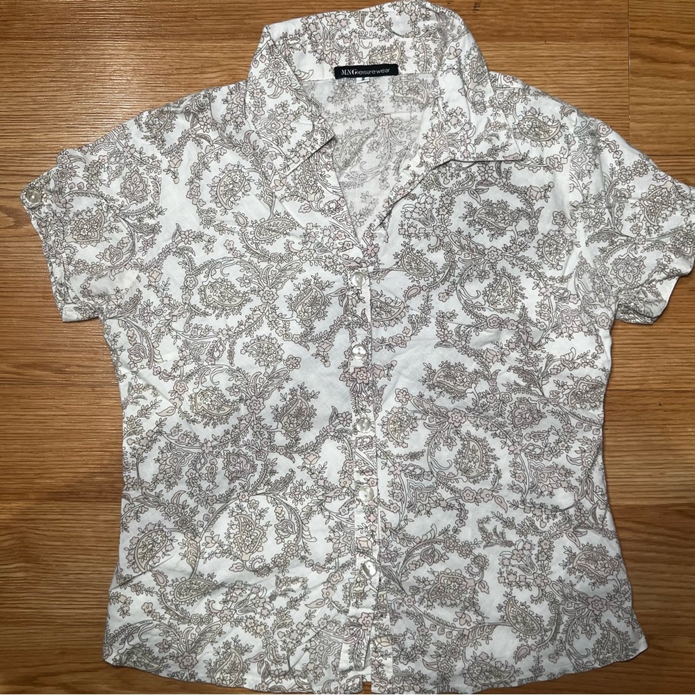 MNG Leisure Wear Beige & Pink Floral Button Up Casual Shirt Size S
